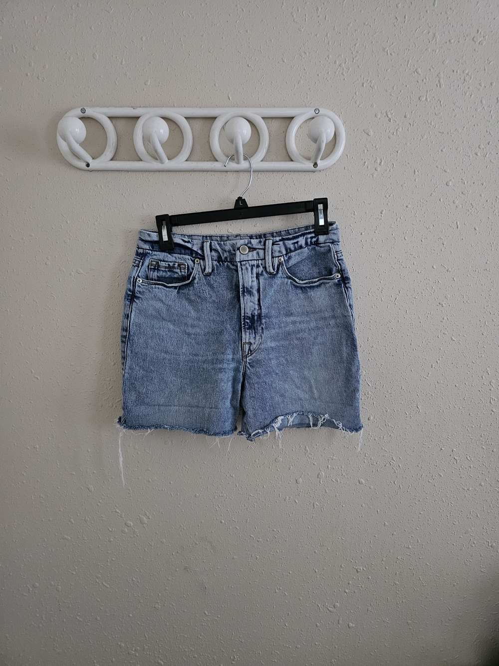 Good American Light Blue Distressed High-Rise Denim Shorts